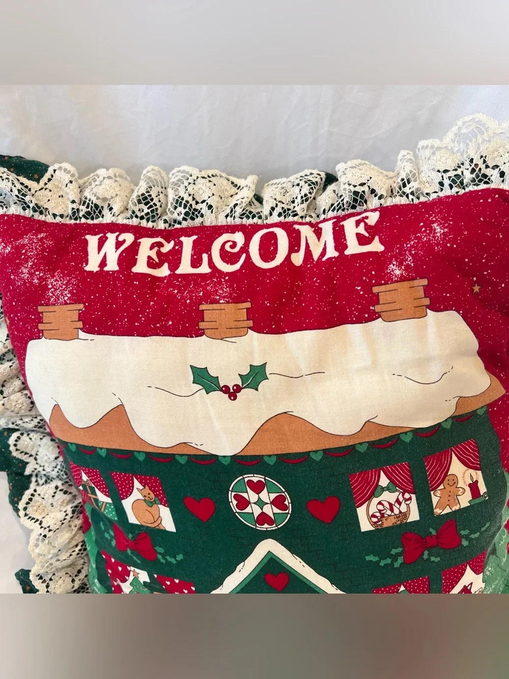 Handmade Christmas Welcome Cottage Pillow 16”